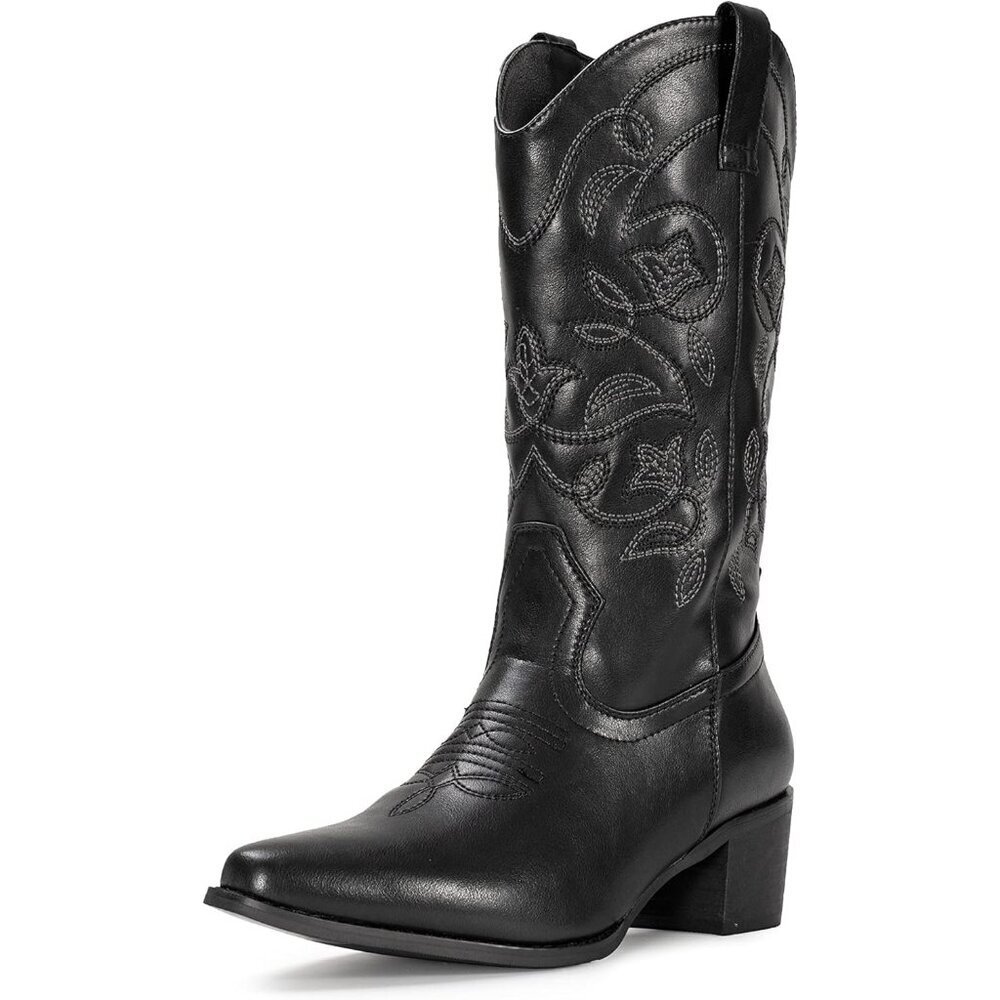 Women's Black Pointy Toe Faux Leather Western Cowgirl Mid Calf Boots